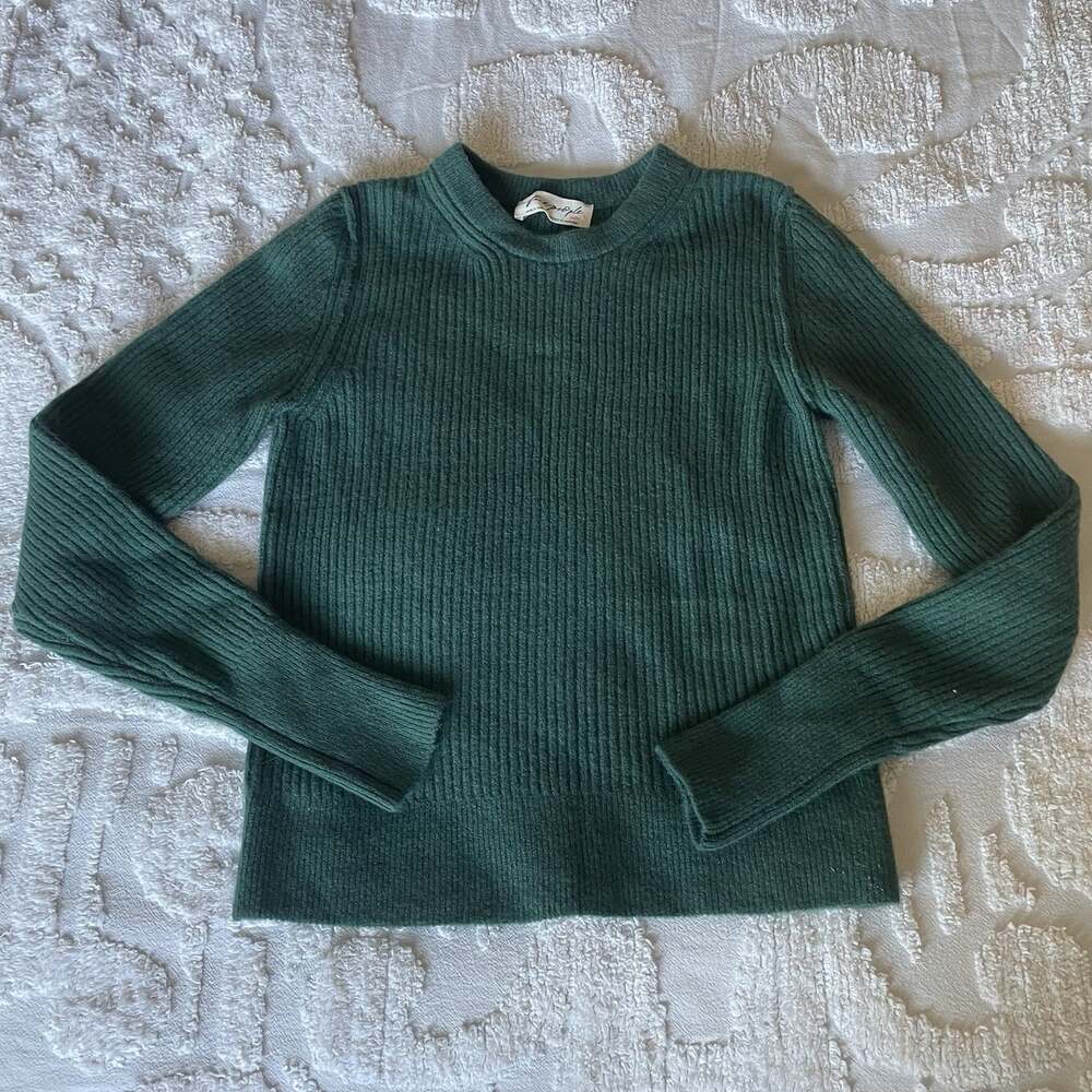 Free People Even After Pullover Rain Forest Green Ribbed Wool Crewneck Sweater M